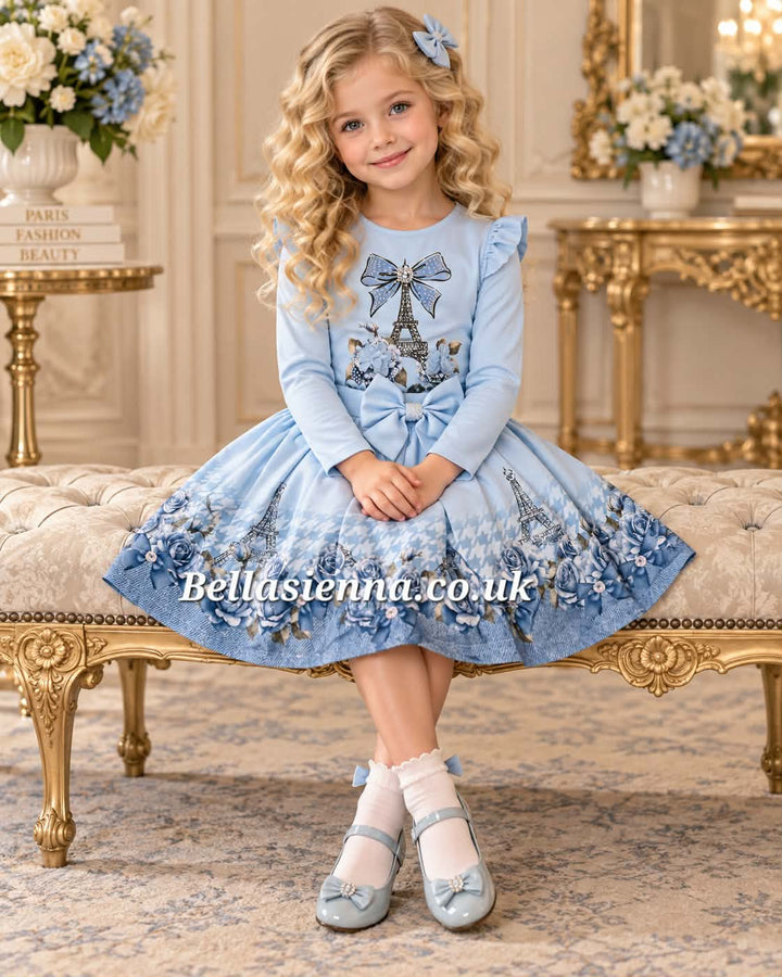 Giorgio Bambini Girls Blue "BOW & TOWER " Long Sleeved Top & Skirt Set - YG-14
