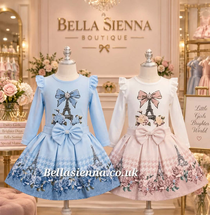 Giorgio Bambini Girls Ivory & Beige "BOW & TOWER " Long Sleeved Top & Skirt Set - YG-14