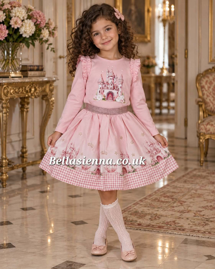 Giorgio Bambini Girls Pink "Princess Castle" Long Sleeved Top & Skirt Set - YG-19
