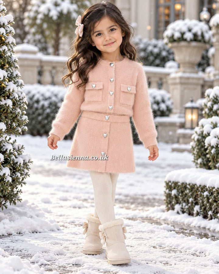 Girls Pink Super Soft Fluffy Skirt & Cardigan Set - 4935