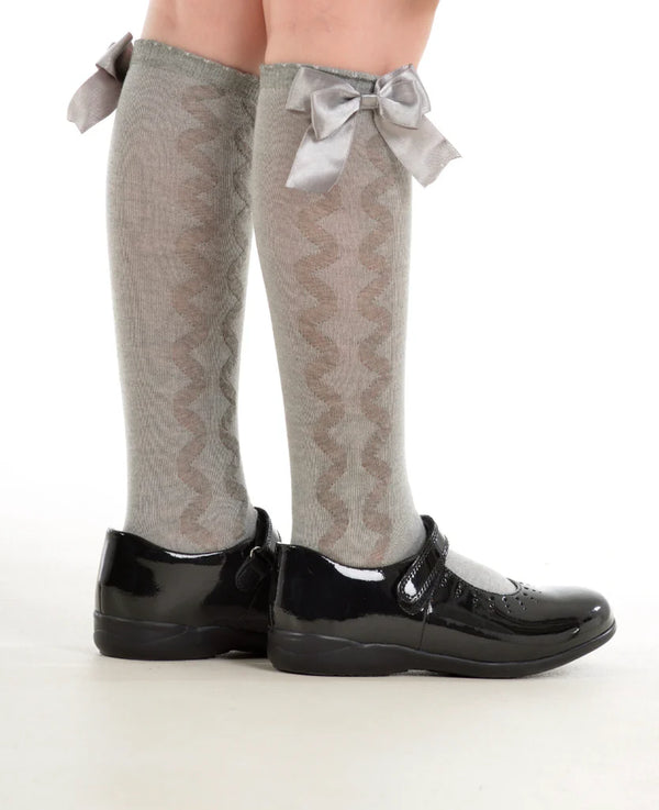 "Grazia" Girls Knee High Grey Bow Socks