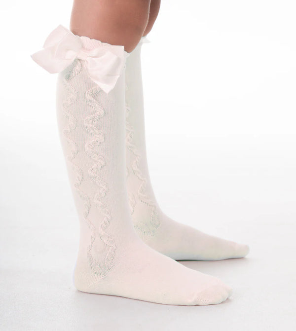 "Grazia" Girls Knee High Ivory Bow Socks