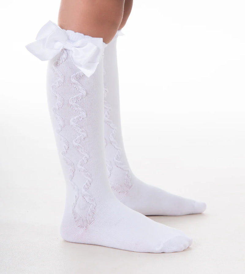 "Grazia" Girls Knee High White Bow Socks -
