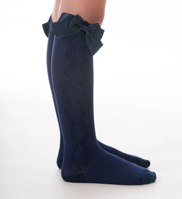 "Grazia" Girls Knee High Navy Bow Socks