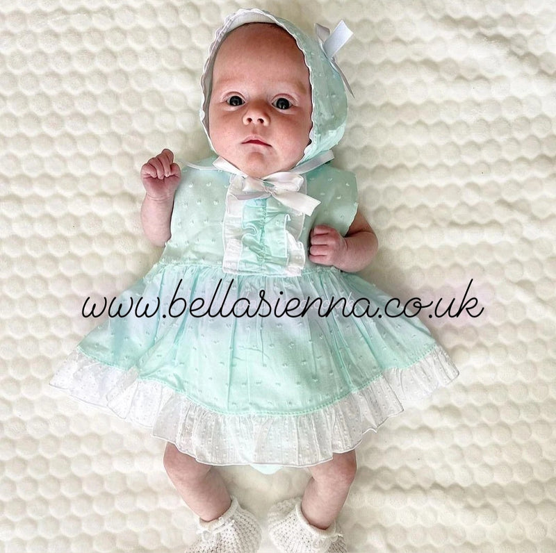 Eva Class Pastel Green & White Dress, Pants & Bonnet Set - 1018