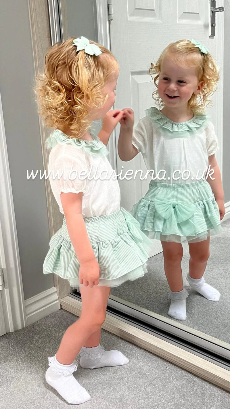 Calamaro Excellent Girls Mint Green Striped Blouse & Frilly Jam Pants Set - 17958