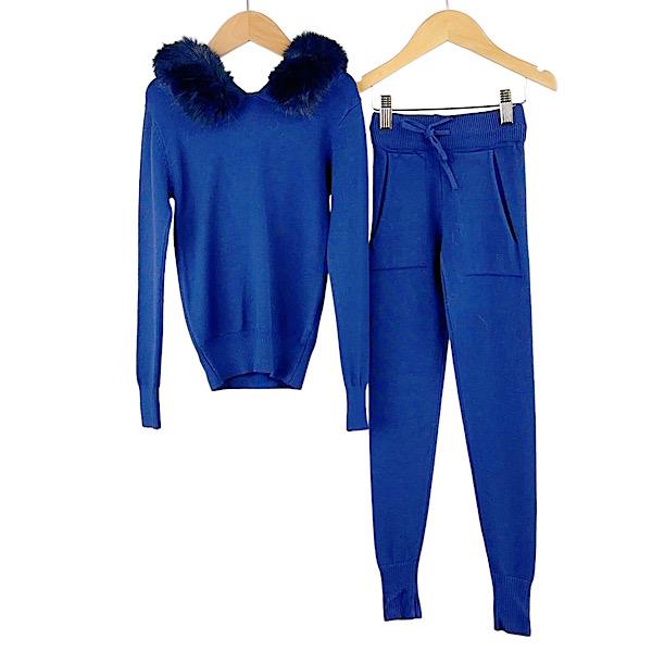 Navy Blue Faux Fur Hood Co-ord Lounge Set - 3002