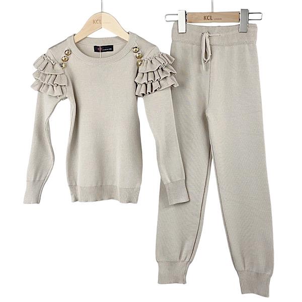 Beige 2 Piece Ruffle Frill Co-ord Lounge Set - 3004