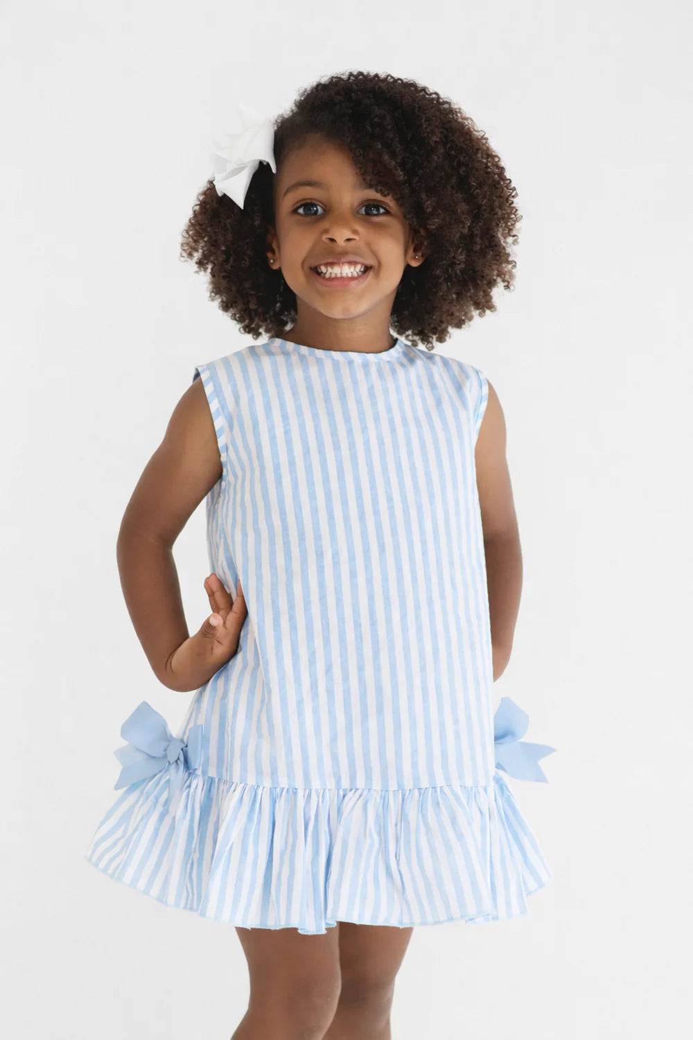 Harris Kids "Grace" Girls Blue Striped Frilly Bow Dress