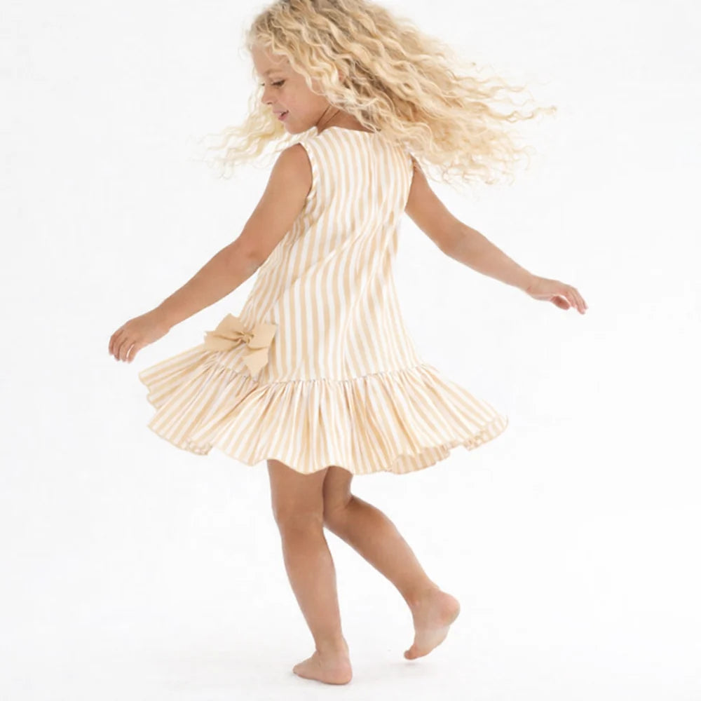 Harris Kids "Grace" Girls Beige Striped Frilly Bow Dress