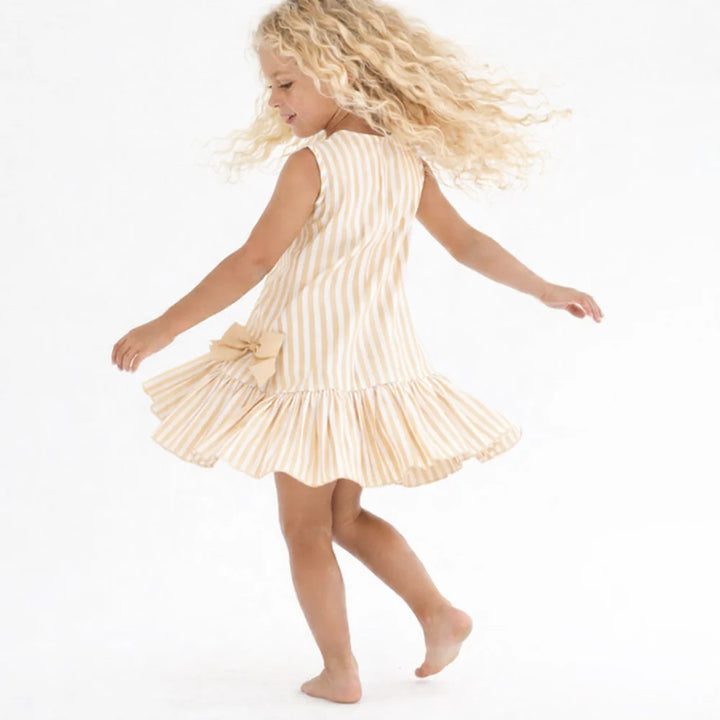Harris Kids "Grace" Girls Beige Striped Frilly Bow Dress