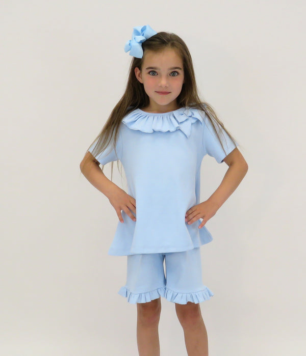 Harris Kids "Billie" Girls Ribbed Frilly Bow Short Set - Blue