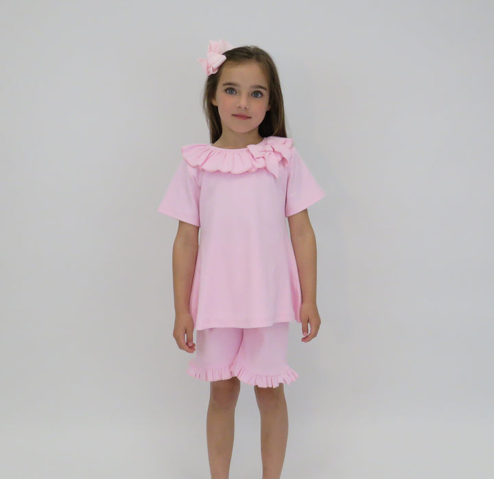 Harris Kids "Billie" Girls Ribbed Frilly Bow Short Set Pink