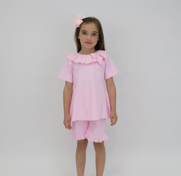 Harris Kids "Billie" Girls Ribbed Frilly Bow Short Set Pink