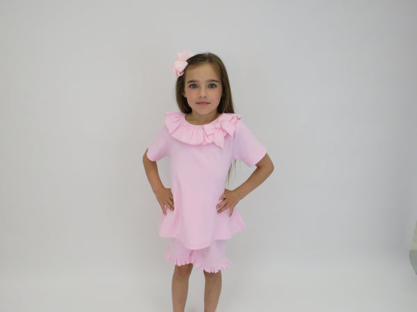 Harris Kids "Billie" Girls Ribbed Frilly Bow Short Set Pink
