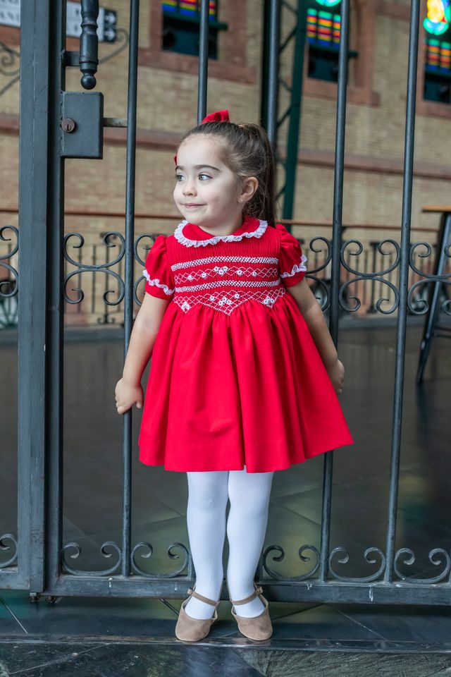 Naxos Red & White Hand Smocked Dress With Bow On The Back - 7624