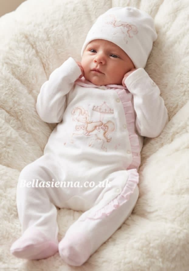 Jamiks "INKI" Pink Rocking Horse Velour Babygrow- Sleepsuit And  Hat