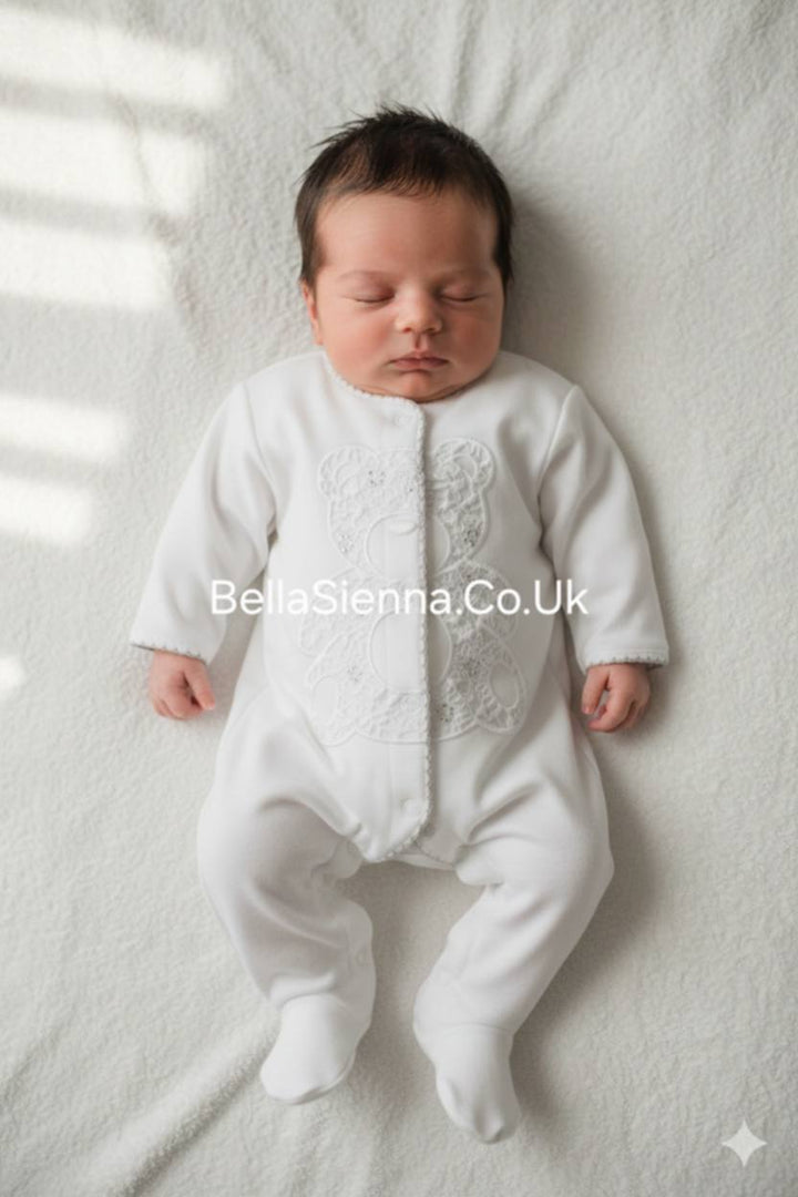 Sofia "KOSMATEK" White 100% Cotton Babygrow - Sleepsuit With Diamante Detail