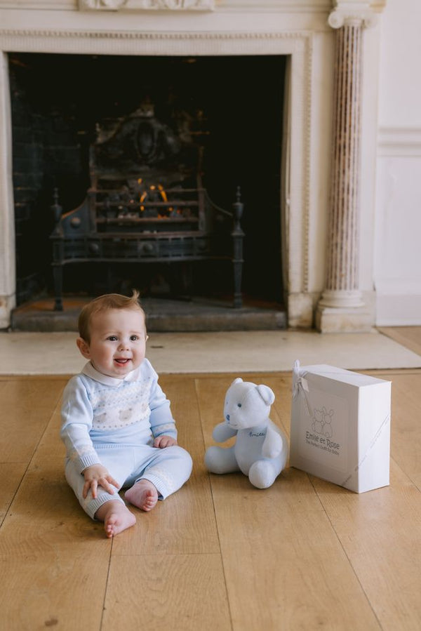 Emile et Rose Baby Blue Teddy Bear Knitted Baby Romper With Matching Hat - Kristian