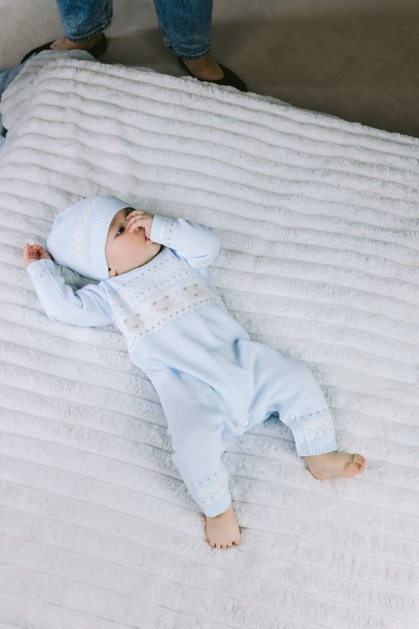 Emile et Rose Baby Blue Teddy Bear Knitted Baby Romper With Matching Hat - Kristian