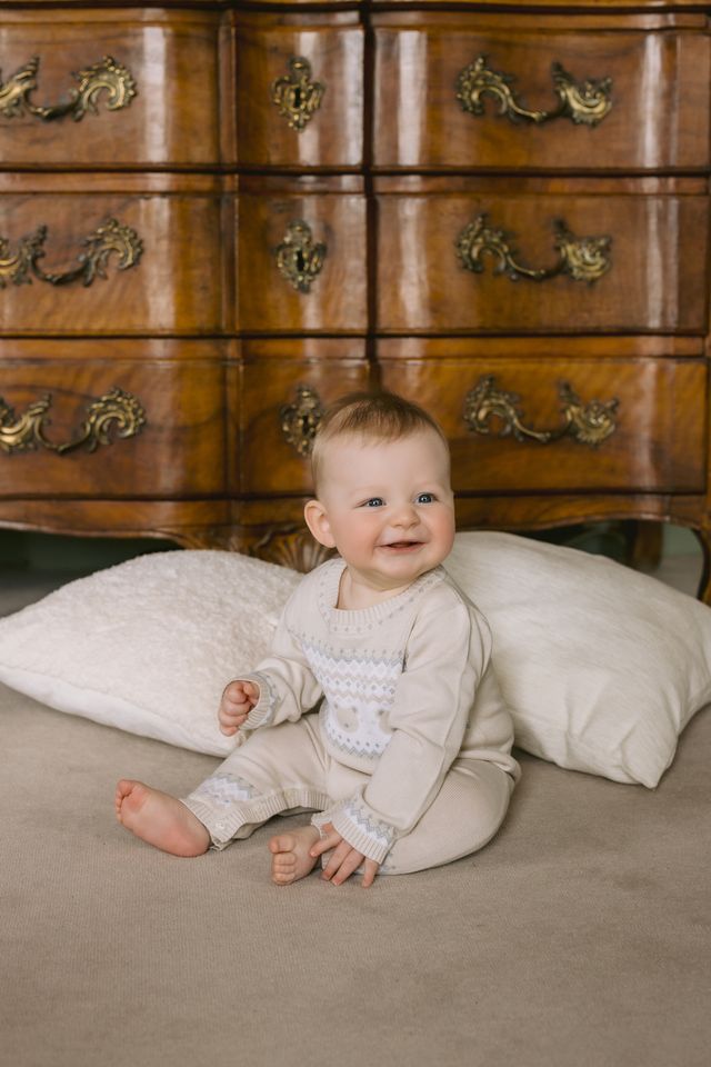 Emile et Rose Beige Teddy Bear Knitted Baby Romper With Matching Hat - Kristian
