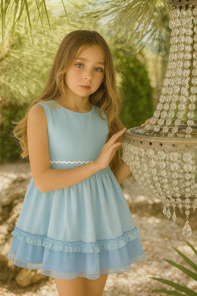 Basmarti Girls Two Tone Blue Dress With A Big Tulle Bow On The Back - 26170