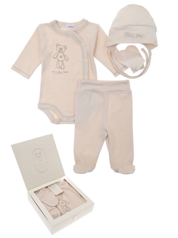 Sofia 100% Complete 4 Piece set "ORGANICZNEJ"  Bodysuit, Half Sleepsuit, Hat & Mittens