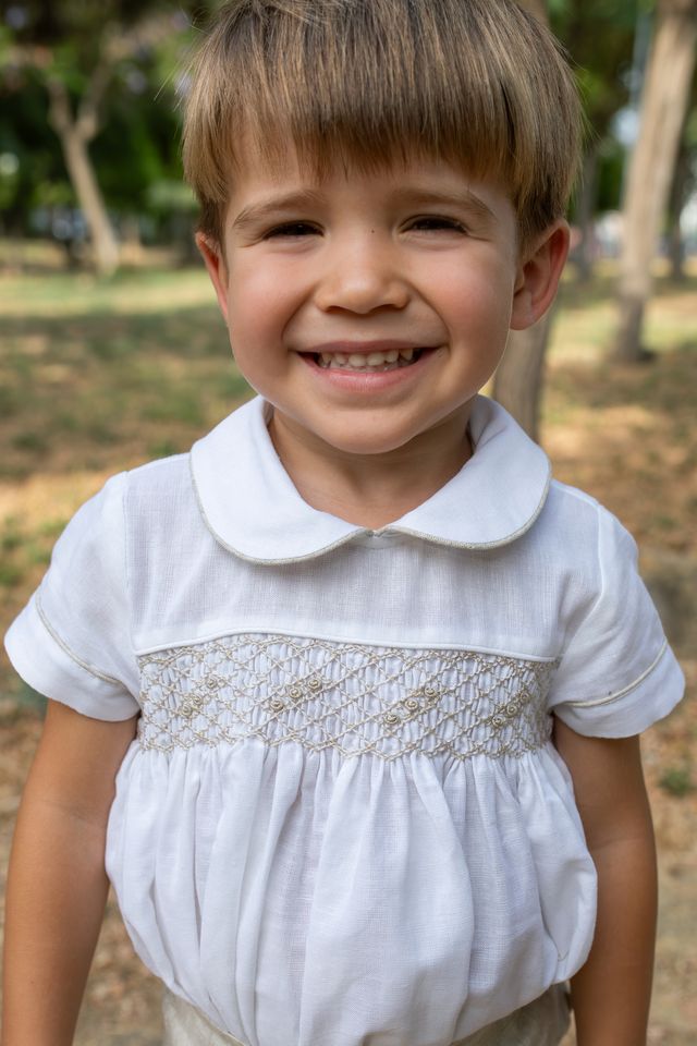 Naxos Boys Beige Smocked Two Piece Buster Suit Set - 7709