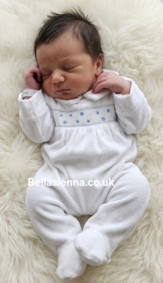 Little Nosh White With Blue Embroidered Smocked Babygrow