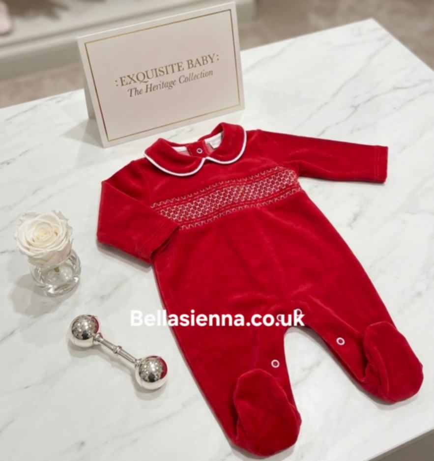 Bella Sienna Red Christmas Velour Baby Smocked All-in-One SG68-V