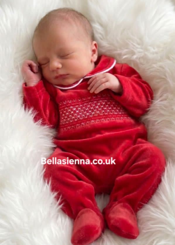Bella Sienna Red Christmas Velour Baby Smocked All-in-One SG68-V