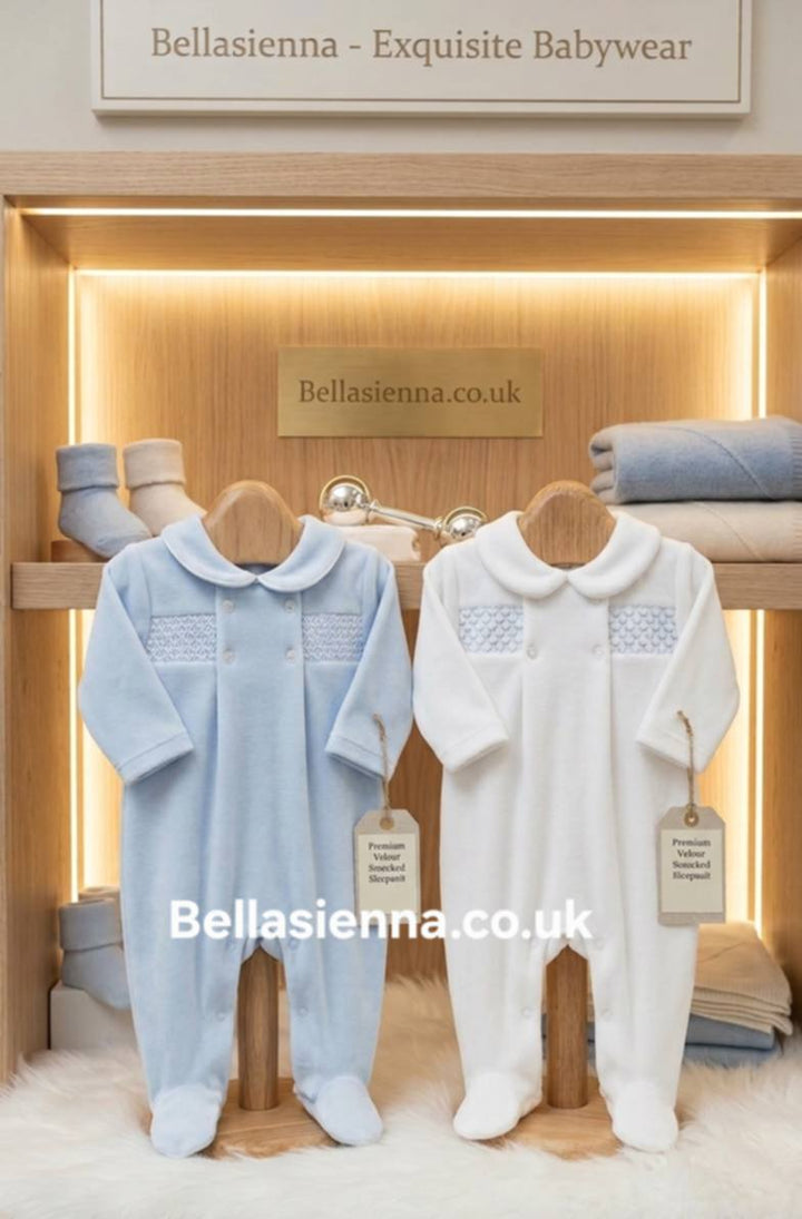 Boys Blue & White Velour, Smocked All In One Babygrow - Sleepsuit - SG254