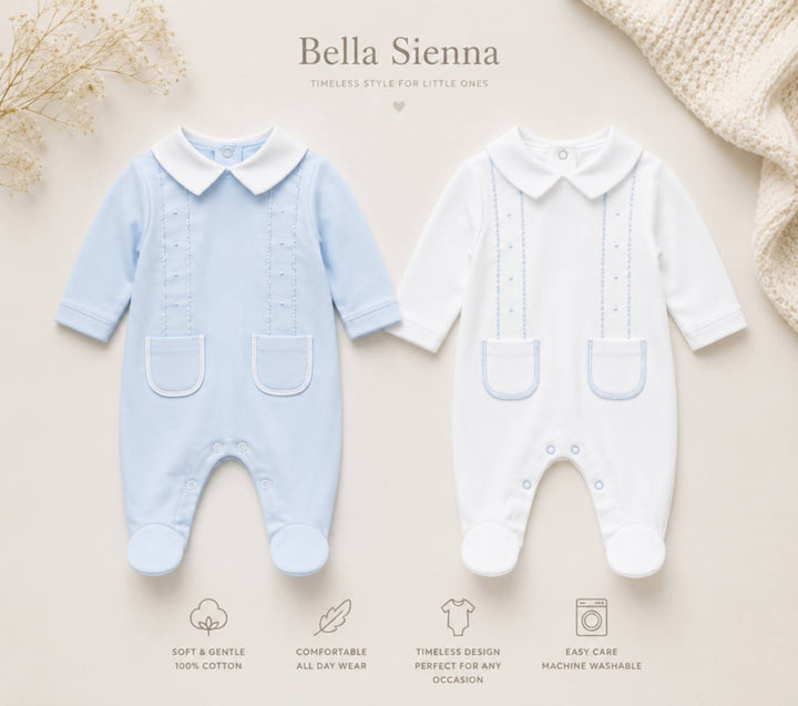 Boys Blue & White  100% Cotton All In One Babygrow - Sleepsuit - SG205