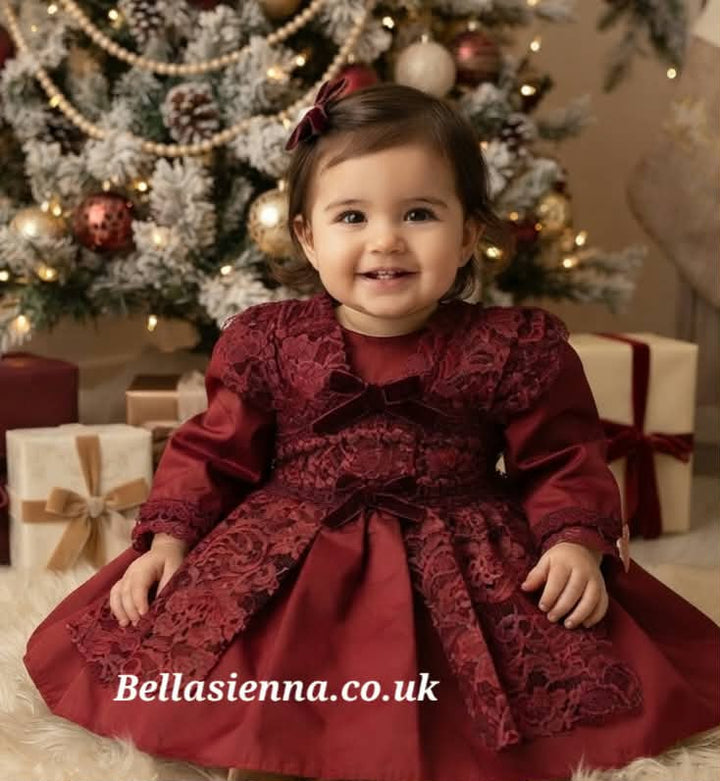 La Marquesita Real La Duquesa Burgundy Shirley Puffball Dress & Matching Hair Clip