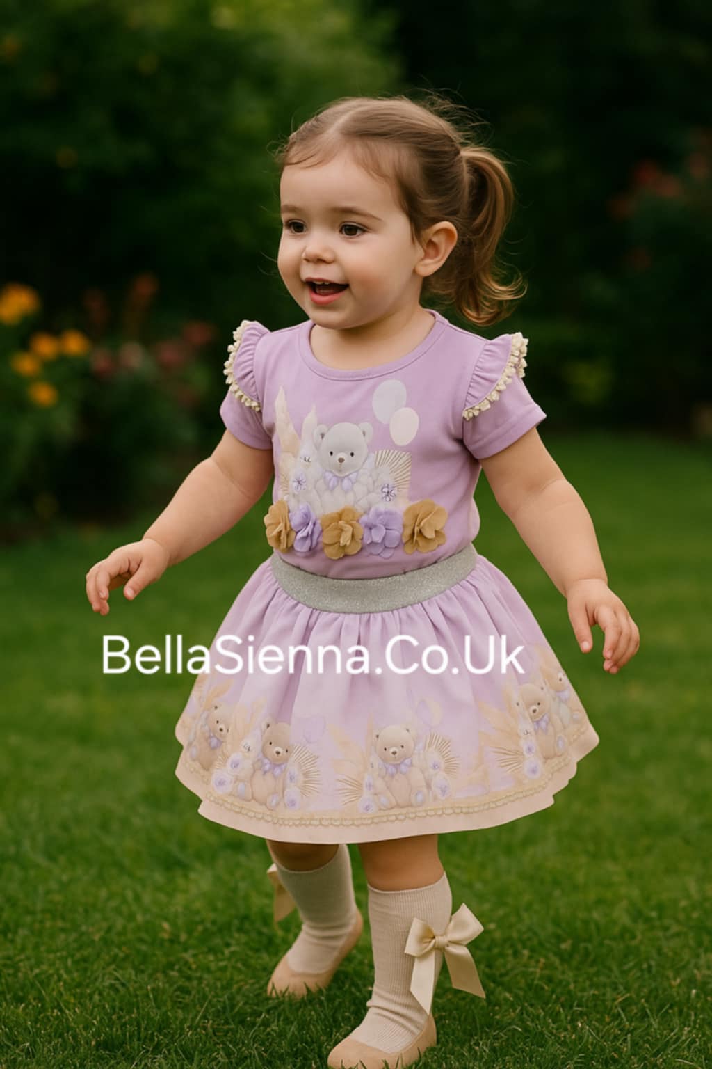 Lilac Teddy Bear Pearl Deatil Skirt & Top Set - 3605