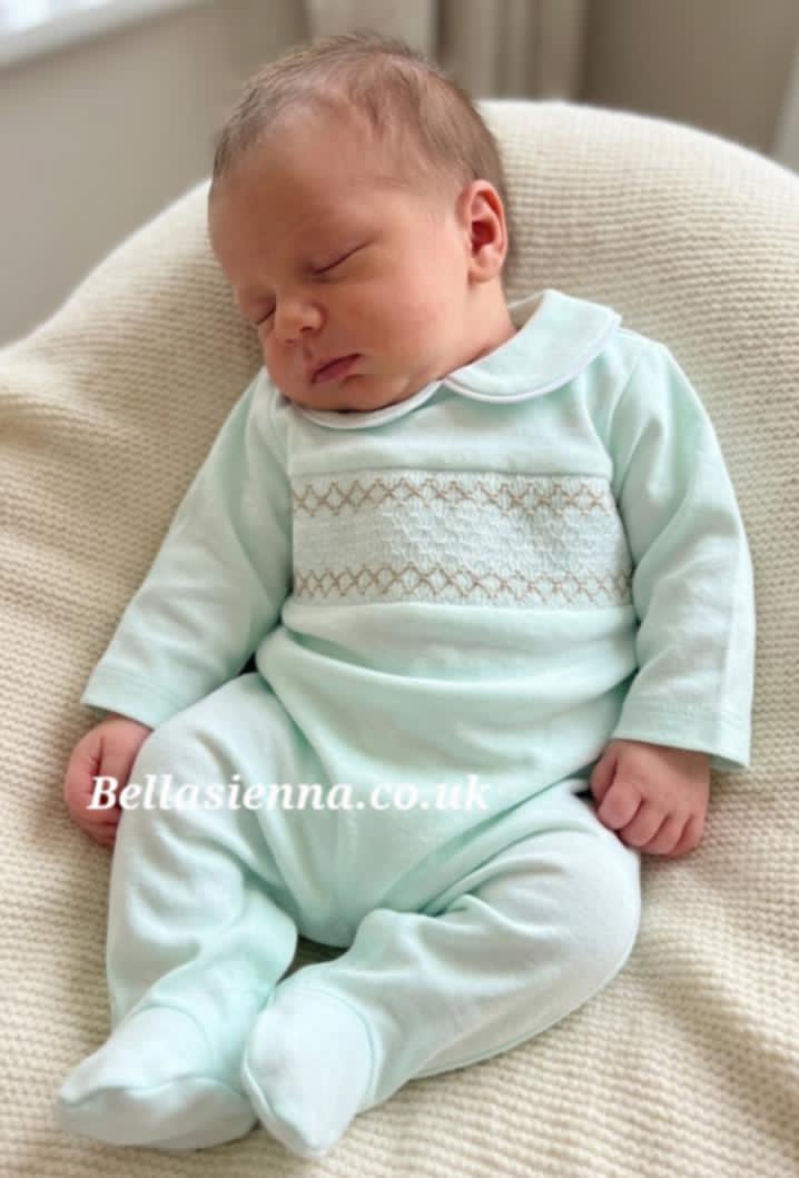 Unisex Mint Green & Beige Smocked All In One Babygrow - SG68