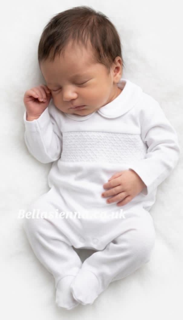 Unisex White 100% Cotton Smocked All In One Babygrow - SG68
