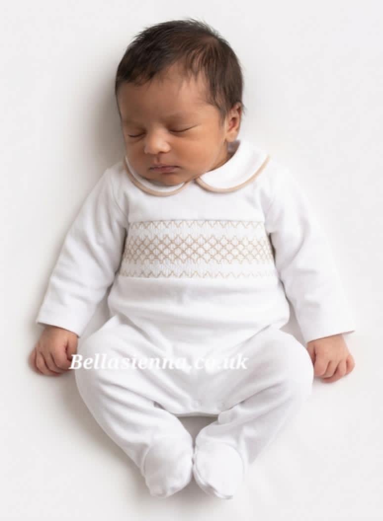 Unisex White & Beige Smocked All In One Babygrow - SG68