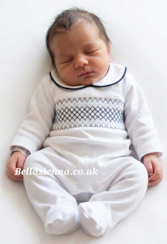Baby Boys White & Navy Smocked All In One Babygrow - SG68