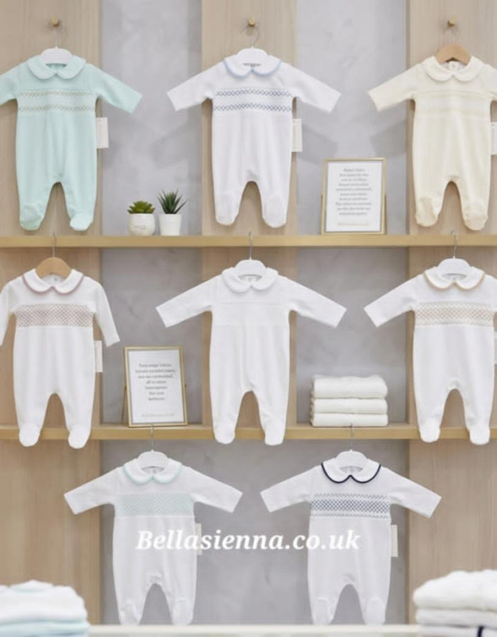 Unisex White & Beige Smocked All In One Babygrow - SG68