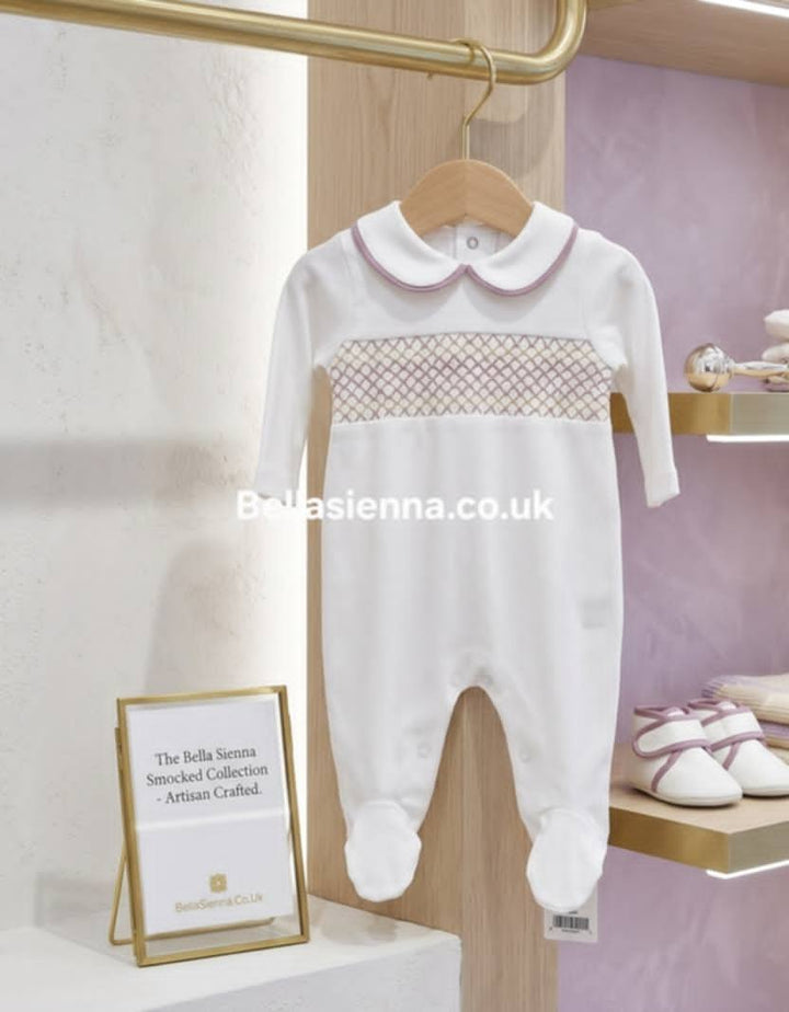 White & Lilac Smocked All In One Babygrow - SG68