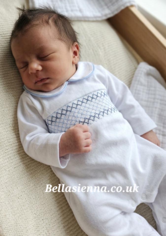 Baby Boys White, Blue & Navy Smocked All In One Babygrow - SG68