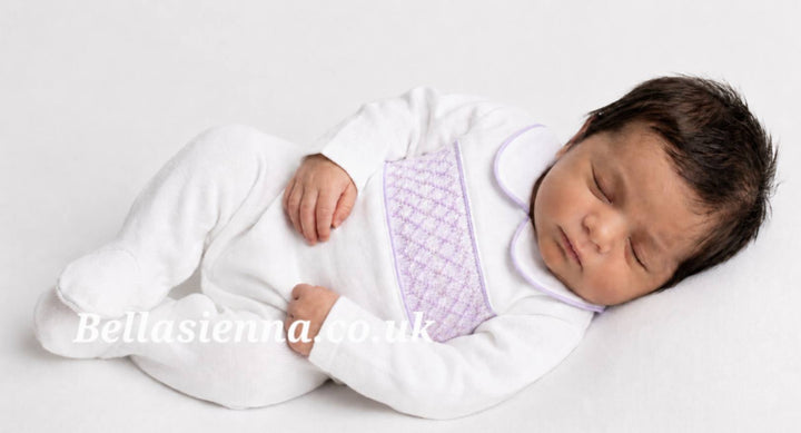 White & Lilac Smocked All In One Babygrow - SG68