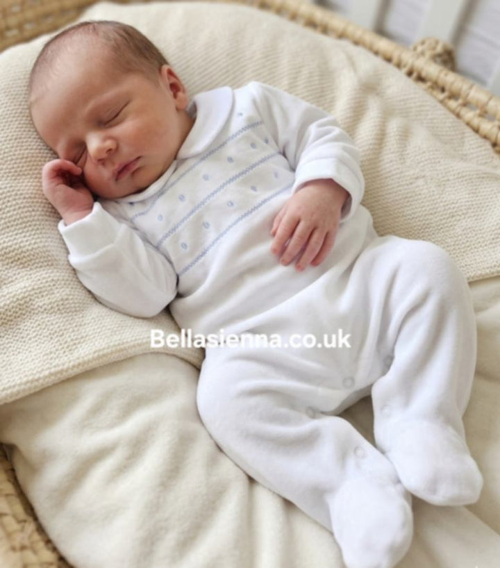 White & Blue Embroidered All In One Babygrow - SG204