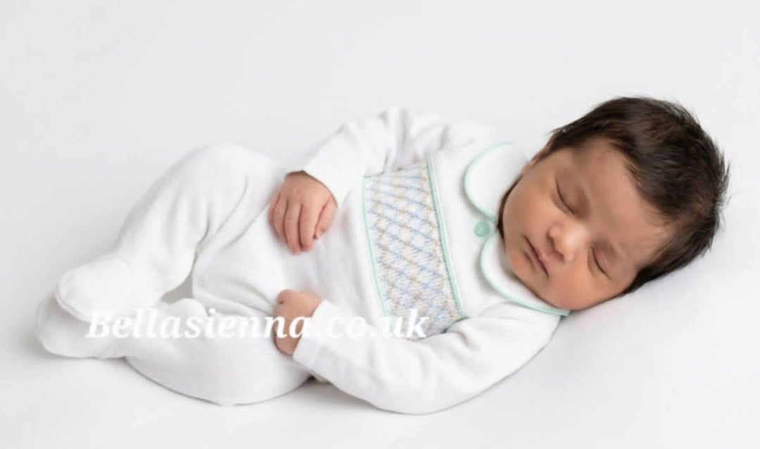 Unisex White & Mint Green Smocked All In One Babygrow - SG68
