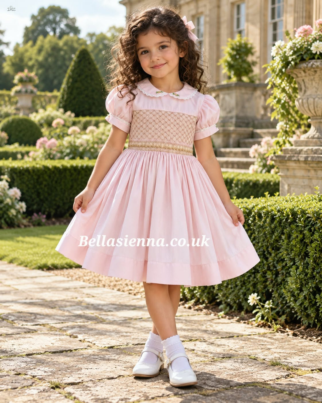 Luxury "Bella Sienna Exclusive" Pink & Beige Front & Back Smocked Dress With Built In Underskirt & Matching Hair Band Or Clip & Pants