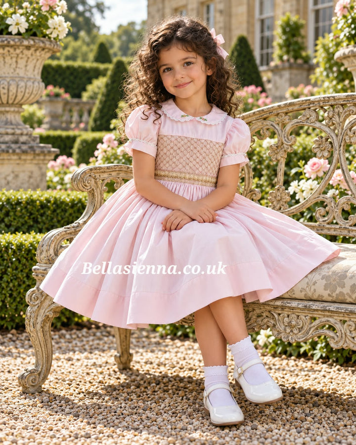 Luxury "Bella Sienna Exclusive" Pink & Beige Front & Back Smocked Dress With Built In Underskirt & Matching Hair Band Or Clip & Pants