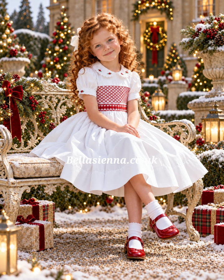 Luxury "Bella Sienna Exclusive" White & Red Front & Back Smocked Dress With Built In Underskirt & Matching Hair Band Or Clip & Pants
