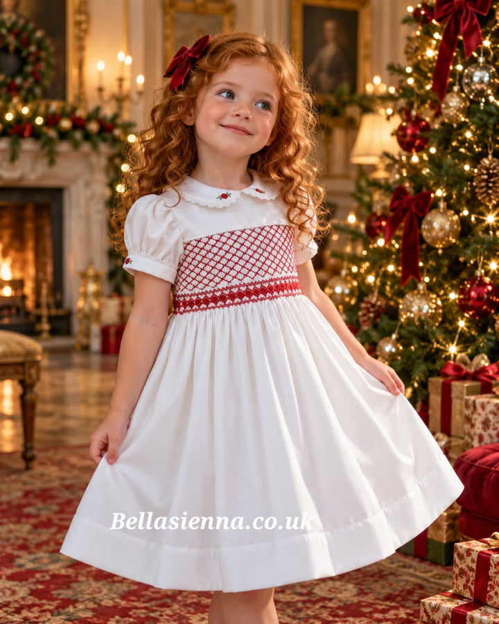 Luxury "Bella Sienna Exclusive" White & Red Front & Back Smocked Dress With Built In Underskirt & Matching Hair Band Or Clip & Pants