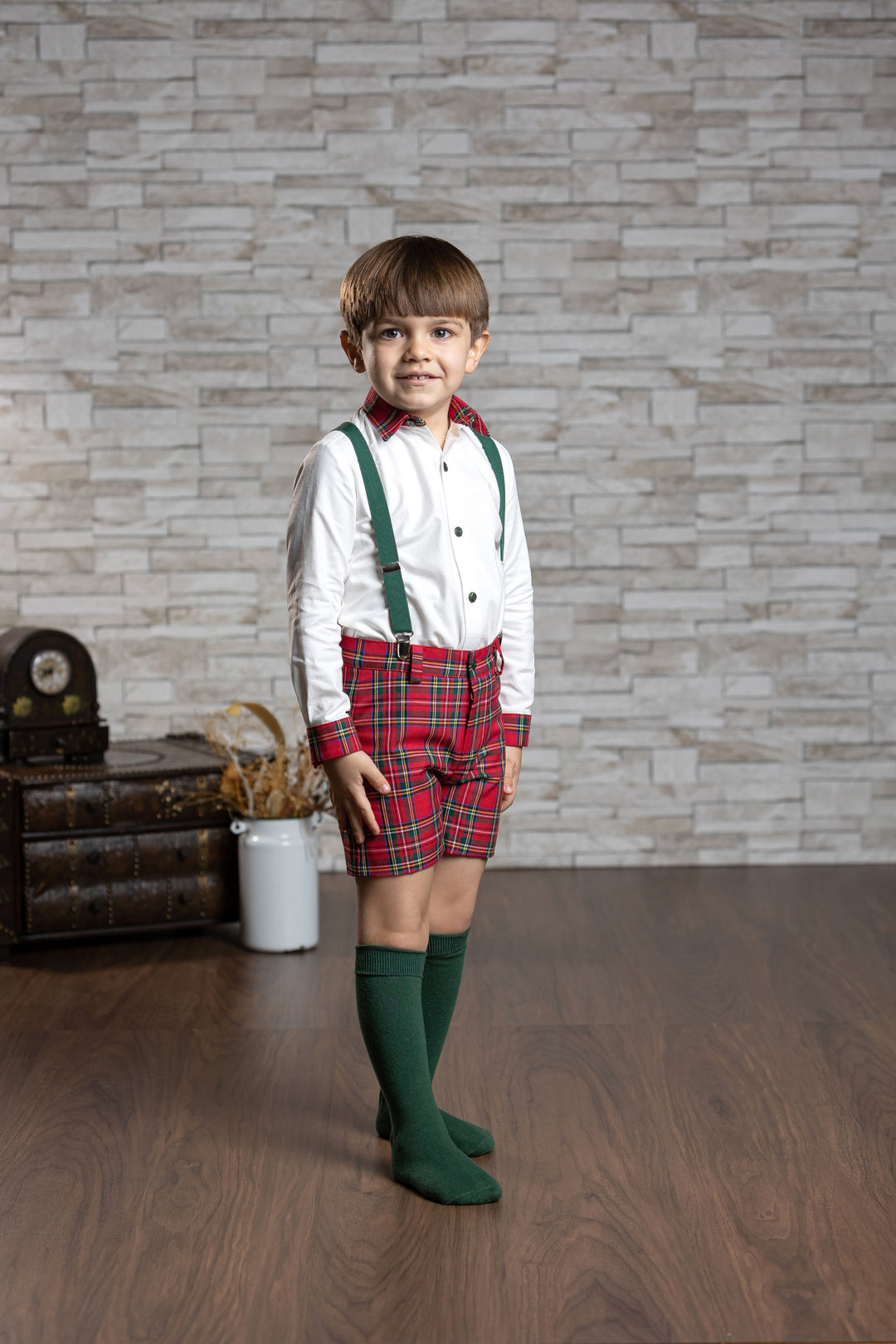 Abuela Tata Red & Green Tartan Boys Shirt & Shorts Set - 43099349